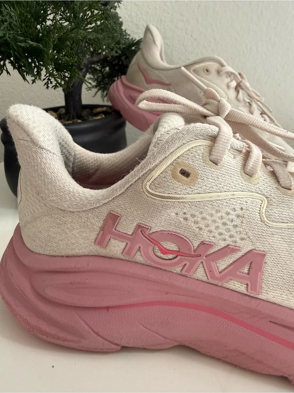 Hoka clifton 10 Women size 5 or big girl 4 Pink and Cream Athletic Sneakers